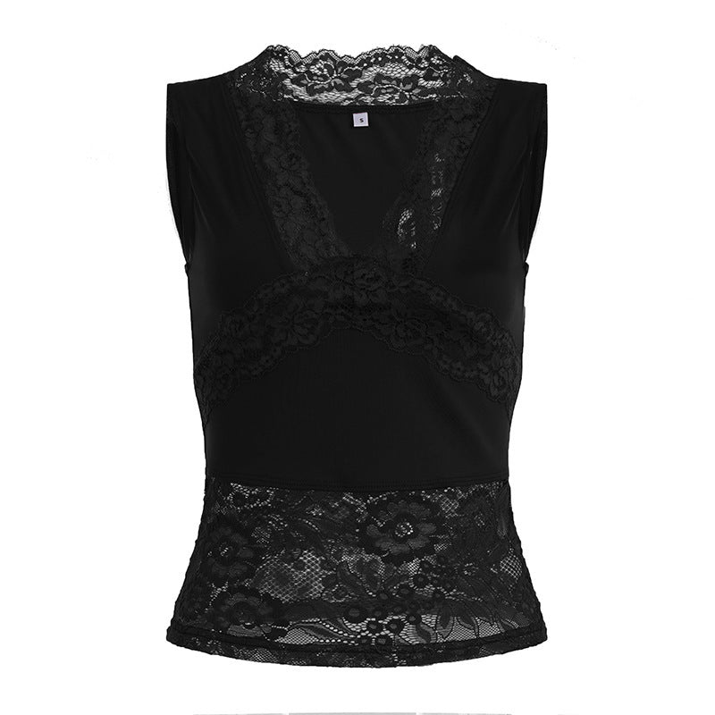 Damen-Spitzen-Tanktop mit tiefem V-Ausschnitt und dekorativen Rüschendetails EB
