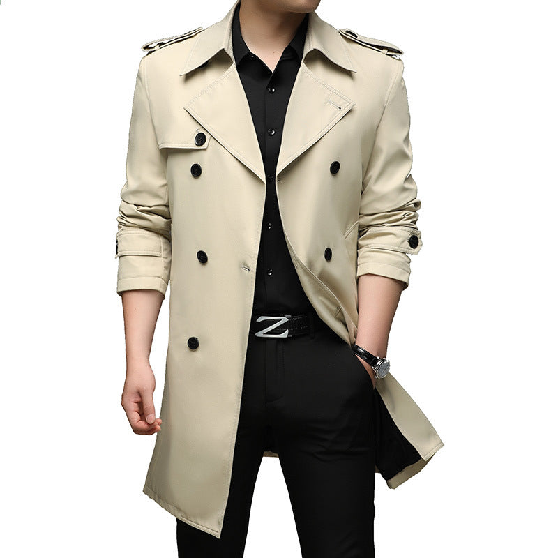 Herren Moderner Slim-Fit Trenchcoat mit Epauletten und doppelreihiger Knopfleiste EB