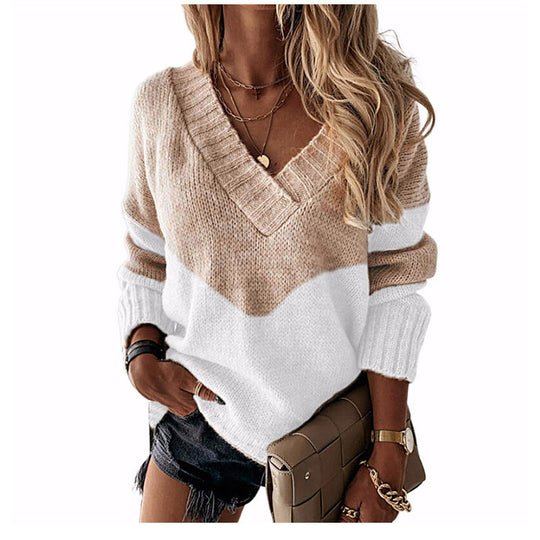 Damen nan V-Ausschnitt Strickpullover mit Chevron-Muster und Oversize-Schnitt EB