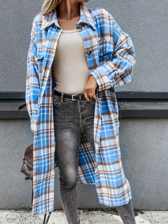 Damen lässige Karo-Hemdjacke mit asymmetrischem Schnitt und Taschen EB