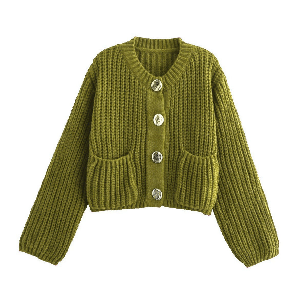 Damen kuschelige Strickjacke mit dekorativen Knöpfen und praktischen Taschen EB