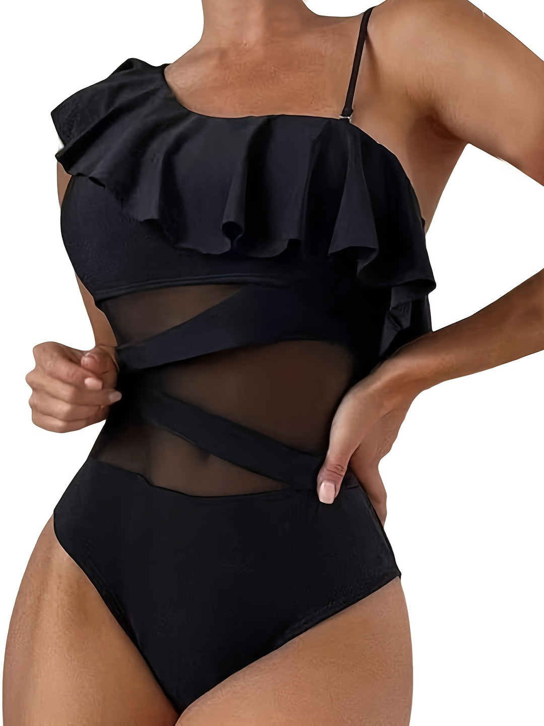Damen Einteiler Badeanzug mit asymmetrischem Rüschendesign und eleganten Cut-Out-Details EB