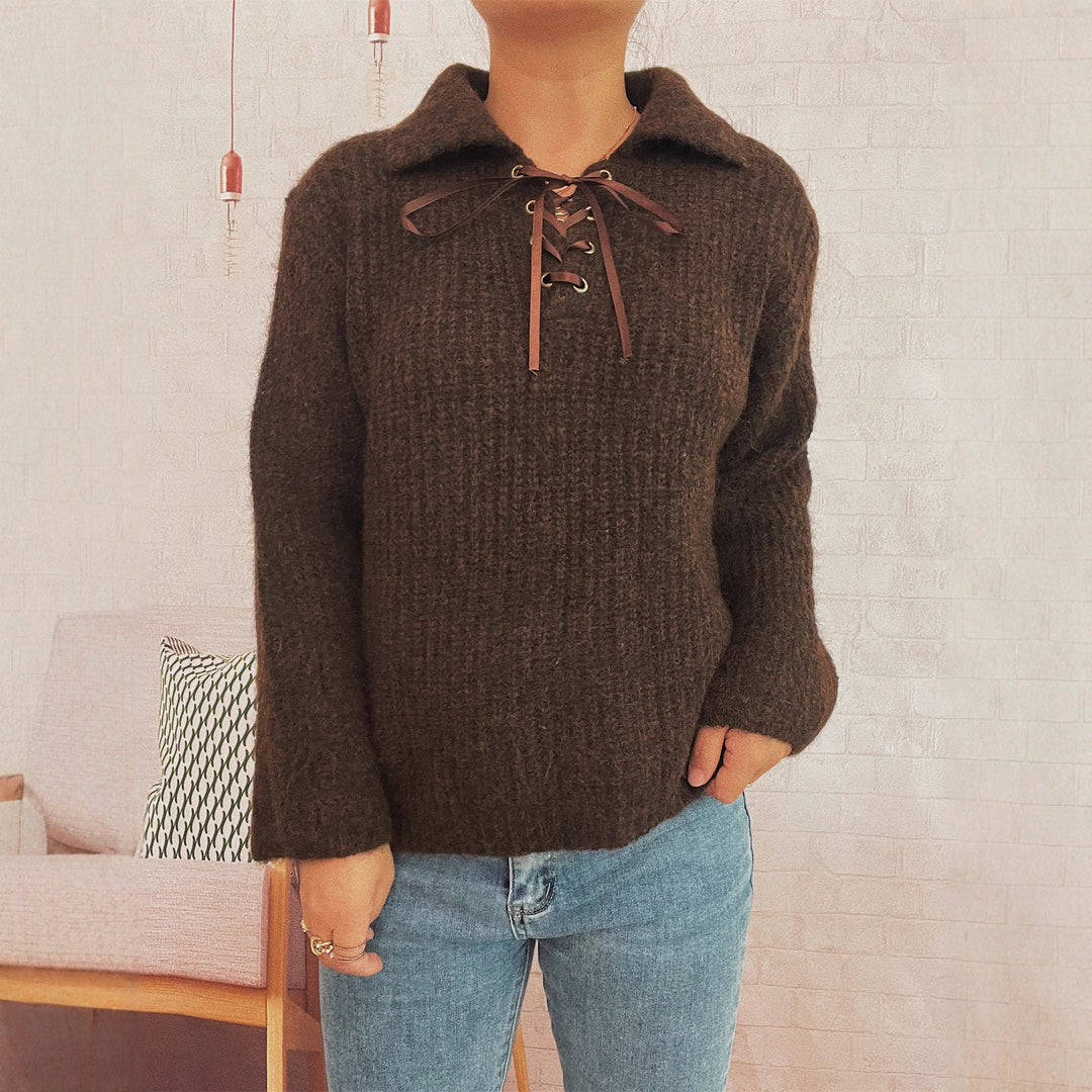 Damen lässiger Strickpullover mit dekorativem Schnürdetail und breiten Ärmel EB