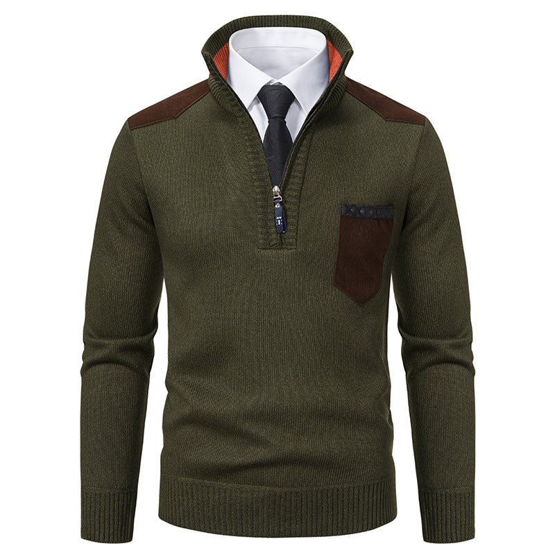 Herren nan Feinstrick-Halbzip-Pullover mit Stehkragen, Brusttasche und Schulterbesatz EB