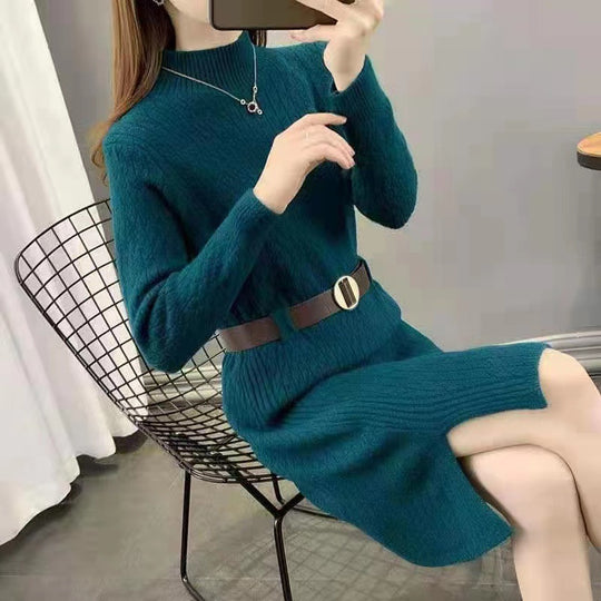 Damen Strickkleid mit hohen Kragen und Taillengürtel EB