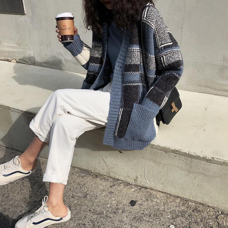 Damen Modischer Oversized Cardigan mit Karomuster EB