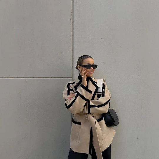 Damen elegante Blazerjacke mit Taillengürtel und Kontrastnähten EB