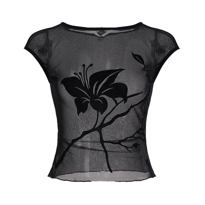 Damen transparente Mesh-Bluse mit floralem Druck EB
