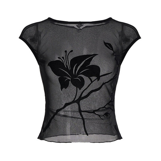 Damen transparente Mesh-Bluse mit floralem Druck EB