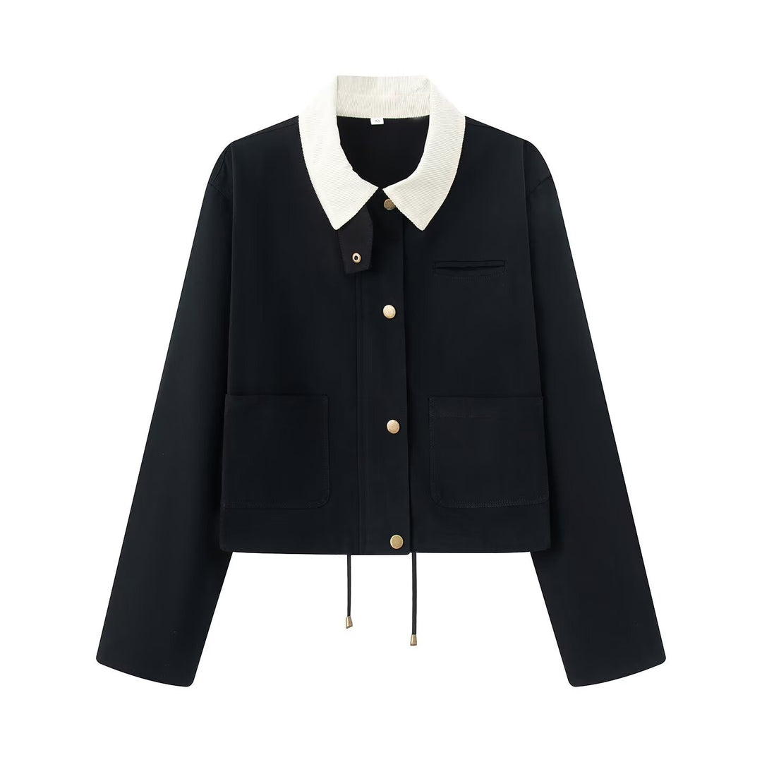 Damen lässige Jacke mit kontrastierendem Kragen und praktischen Taschen EB
