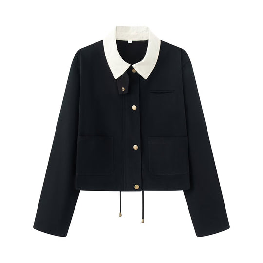 Damen lässige Jacke mit kontrastierendem Kragen und praktischen Taschen EB