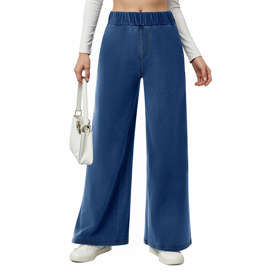 Damen weite Jeanshose mit Elastikbund und seitlichen Taschen EB