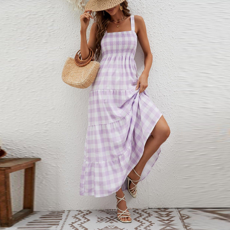 Damen Maxikleid mit Karo-Muster und elastischem Oberteil EB