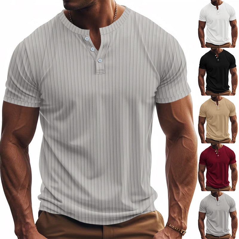 Herren Kurzarm Henley-Shirt mit Streifenmuster und praktischen Knöpfen EB