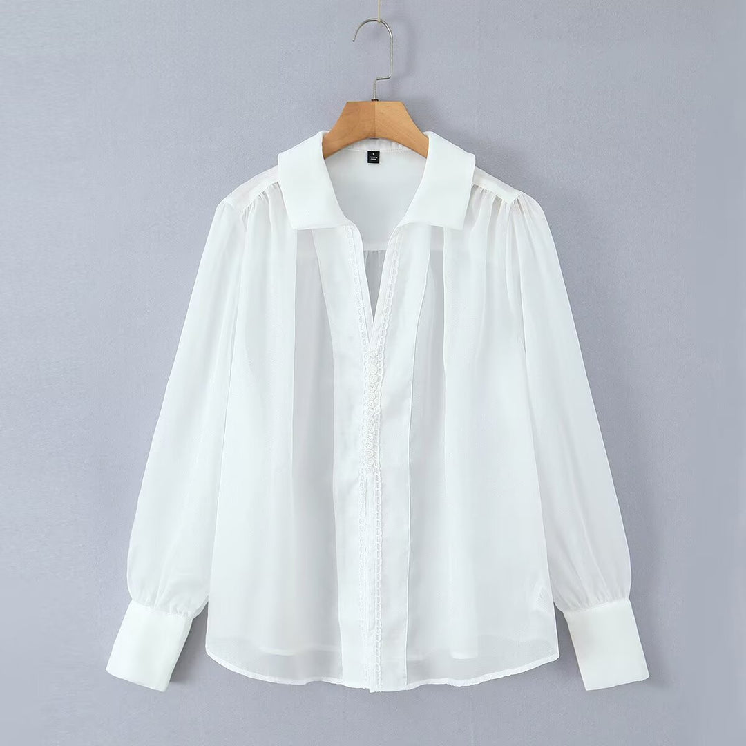 Damen elegante Chiffonbluse mit raffinierten Puffärmeln und edlem Kragen EB