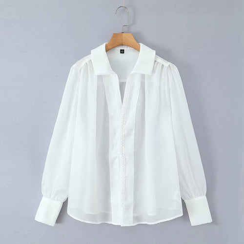Damen elegante Chiffonbluse mit raffinierten Puffärmeln und edlem Kragen EB