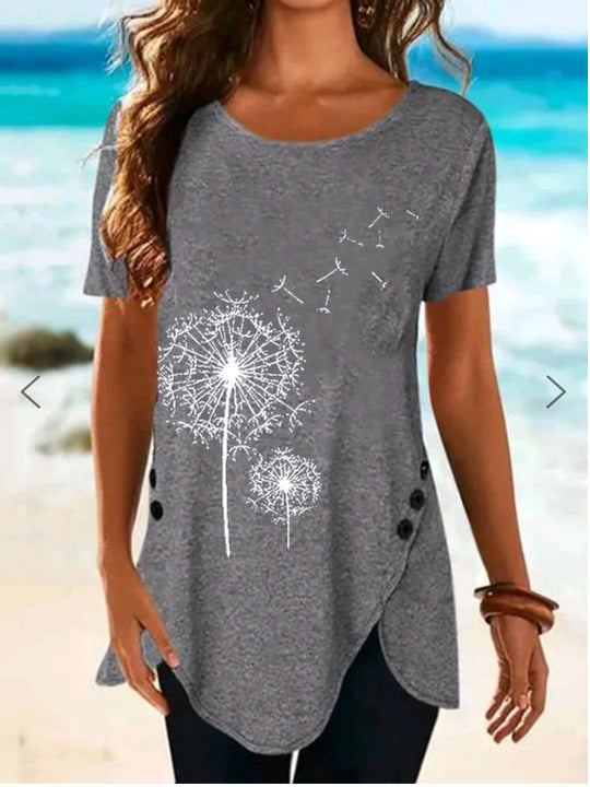 Damen Kurzarmshirt mit asymmetrischem Saum und Dandelion-Print EB