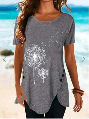 Damen Kurzarmshirt mit asymmetrischem Saum und Dandelion-Print EB