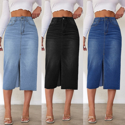 Damen Midi-Denimrock mit Schlitz und lässigem A-Linien-Schnitt EB
