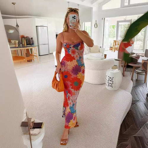 Damen Blumen-Midi-Kleid mit Spitzenträgern und figurbetontem Schnitt EB