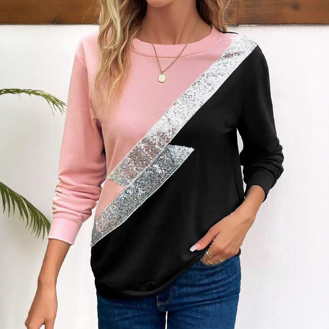 Damen lässiger Sweatshirt mit funkelndem Pailletten-Design und modernem Farbkontrast EB