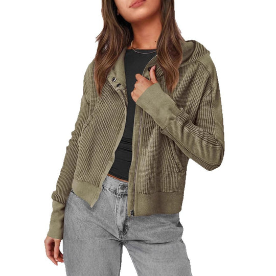 Damen lässige Zip-Jacke mit Kapuze und strukturiertem Design EB