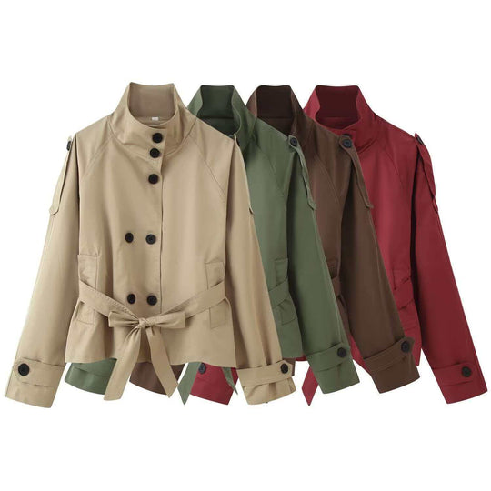 Damen nan kurztaillierte Trenchjacke mit hohem Stehkragen, doppeltreihiger Knopfleiste und taillierbarem Bindegürtel EB
