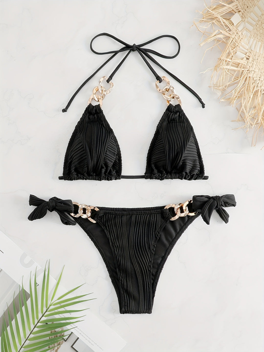 Damen Bikiniset mit luxuriösen Rüschen und goldenen Kettenakzenten EB