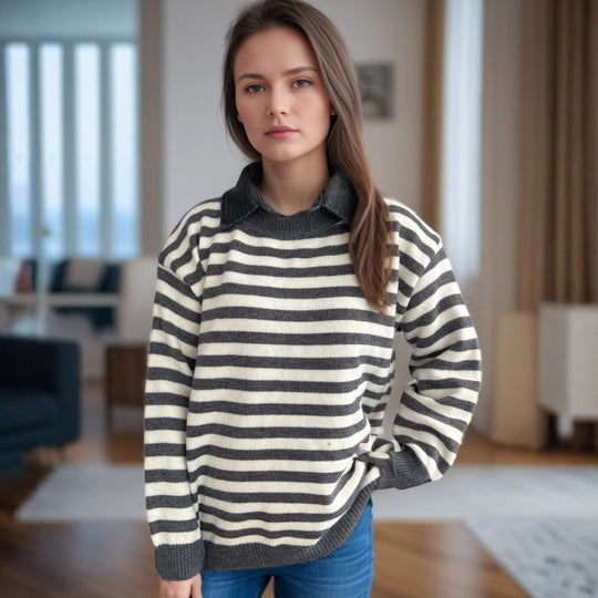 Damen lässiger Pullover mit strukturellem Streifenmuster und modischem Kragen EB