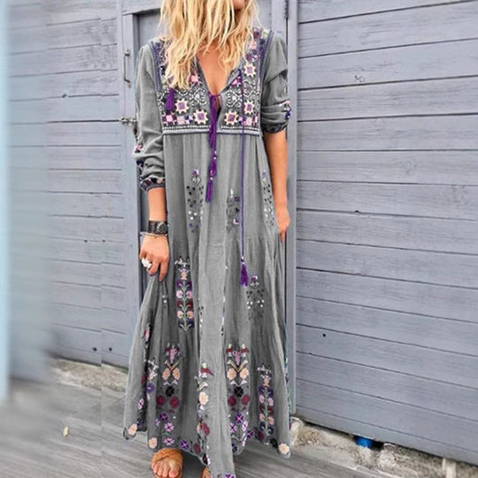 Damen nan besticktes Maxikleid mit langen Ärmeln, Quastenverschluss und folkloristischer Stickerei EB