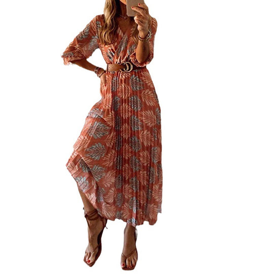 Damen Maxikleid mit eleganter Taillierung und floralem Blätterdesign EB
