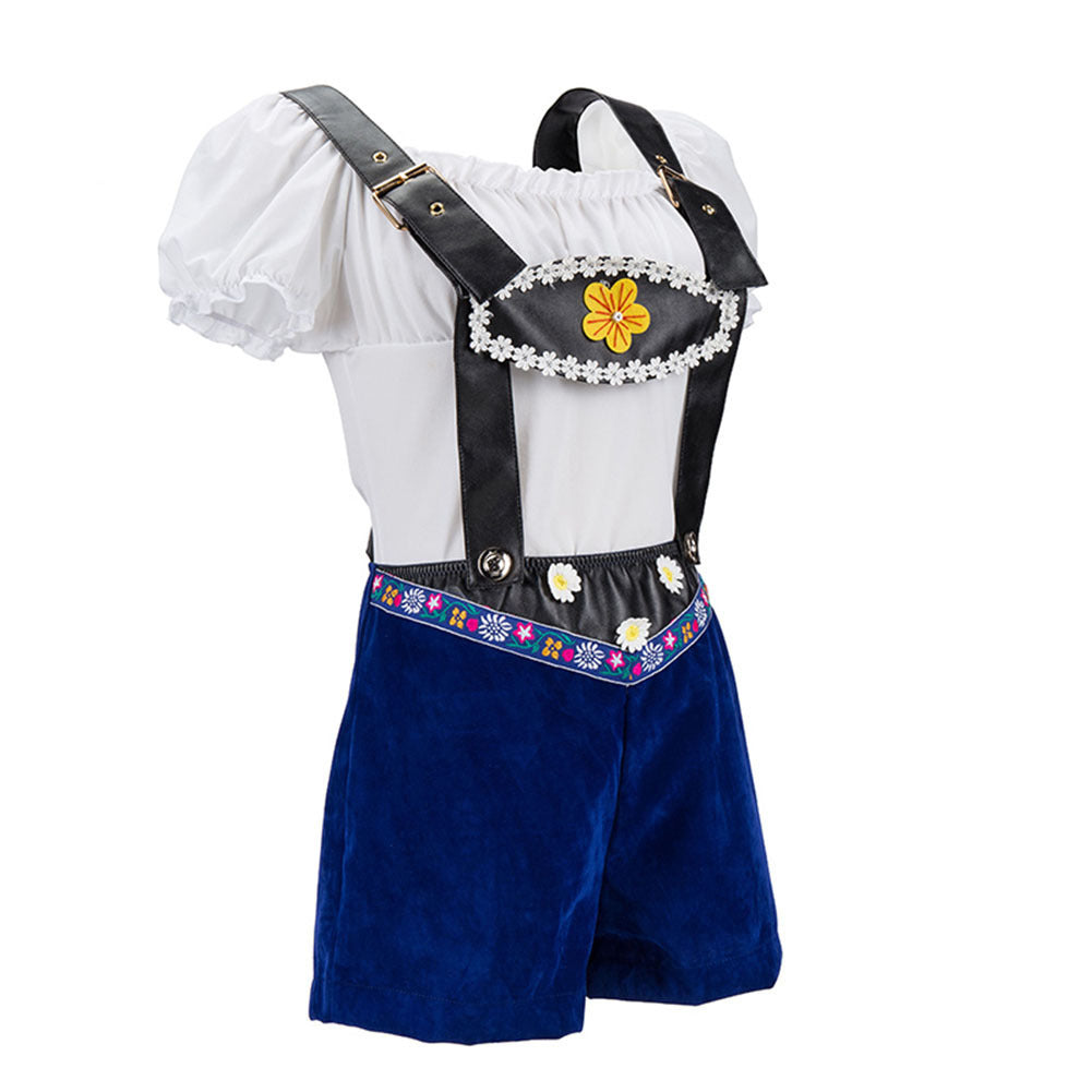 Damen nan verspieltes Latzshorts-Set mit Carmenbluse, verstellbaren Trägern und Blumenapplikation EB