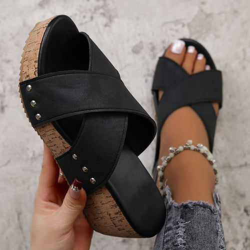 Damen Wedge-Pantoletten mit verstellbarem Riemendesign und Korkabsatz EB