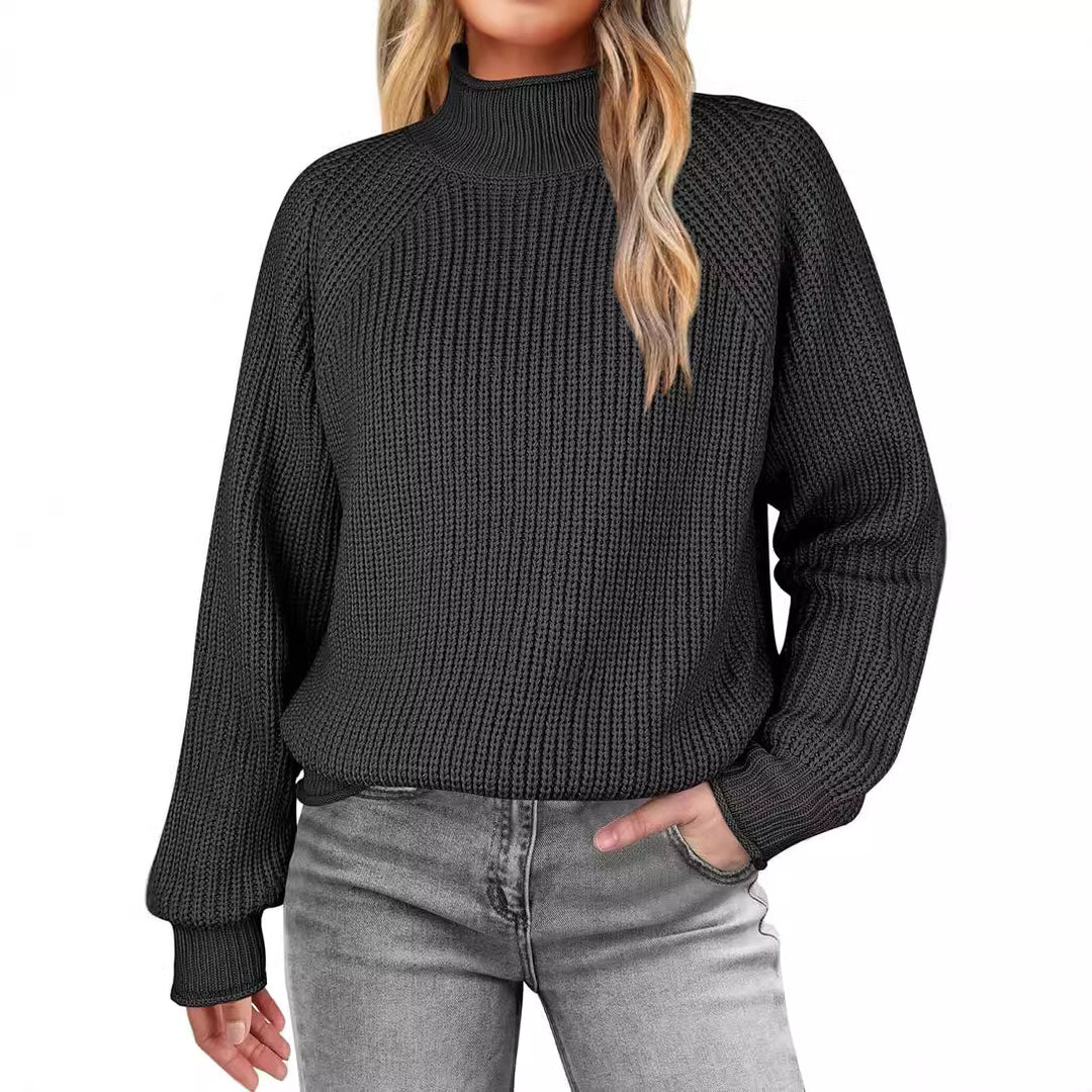 Damen modischer Strickpullover mit hohem Kragen und strukturierter Oberfläche EB