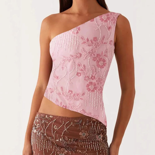 Damen Elegantes Bustier-Top mit floralen Stickereien und asymmetrischem Schnitt EB