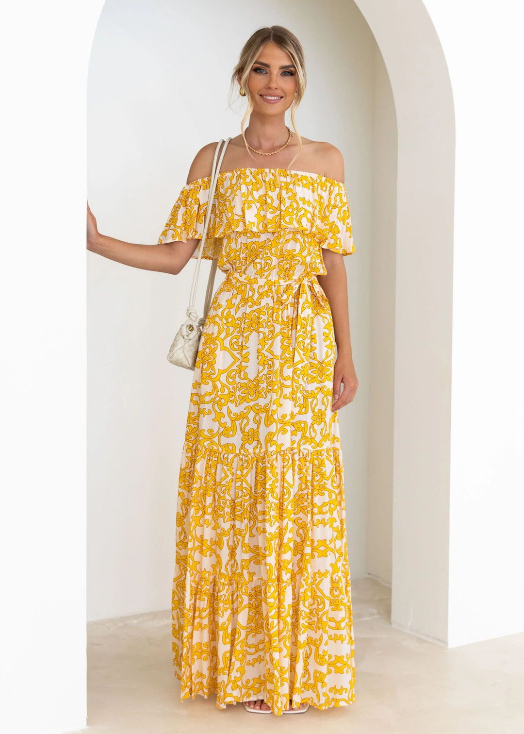 Damen Off-Shoulder Maxikleid mit voluminösem Rüschendesign und elastischem Taillenbund EB