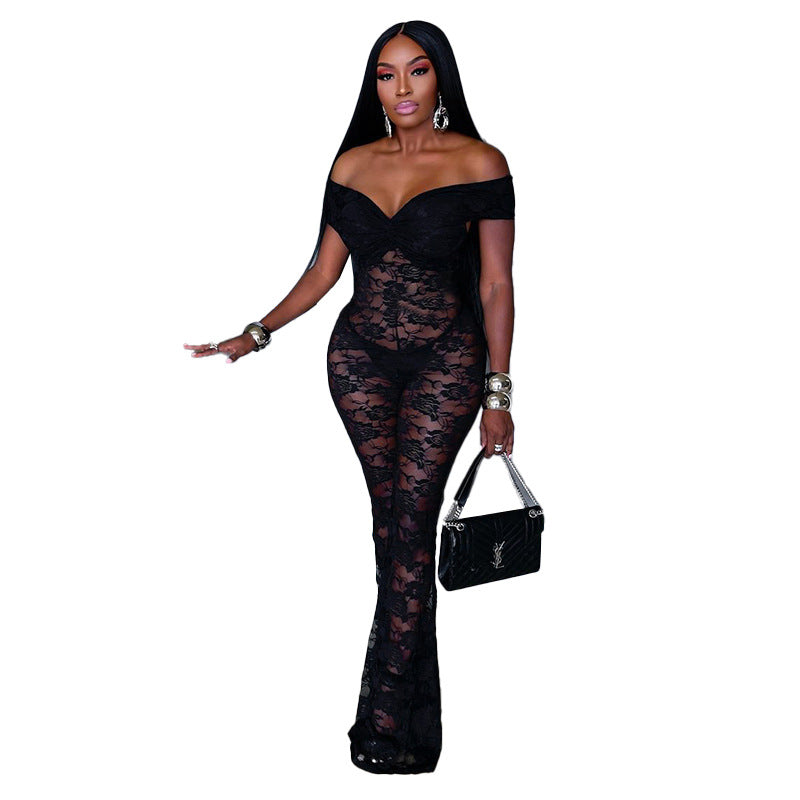 Damen Eleganter Spitzen-Jumpsuit mit schulterfreiem Design EB