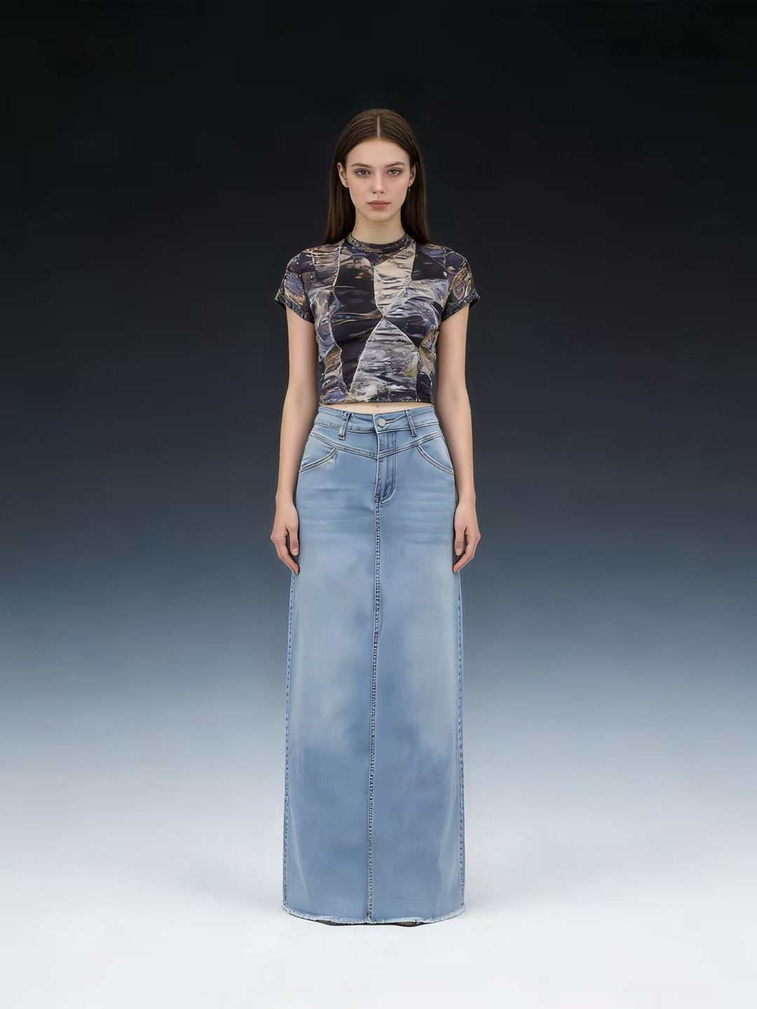 Damen nan langer High-Waist Denim-Maxirock mit gerader Silhouette und rohem Saum EB