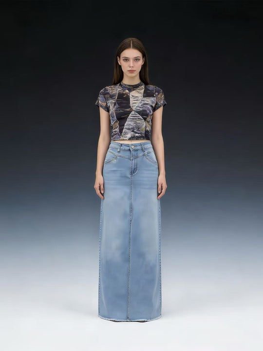 Damen nan langer High-Waist Denim-Maxirock mit gerader Silhouette und rohem Saum EB