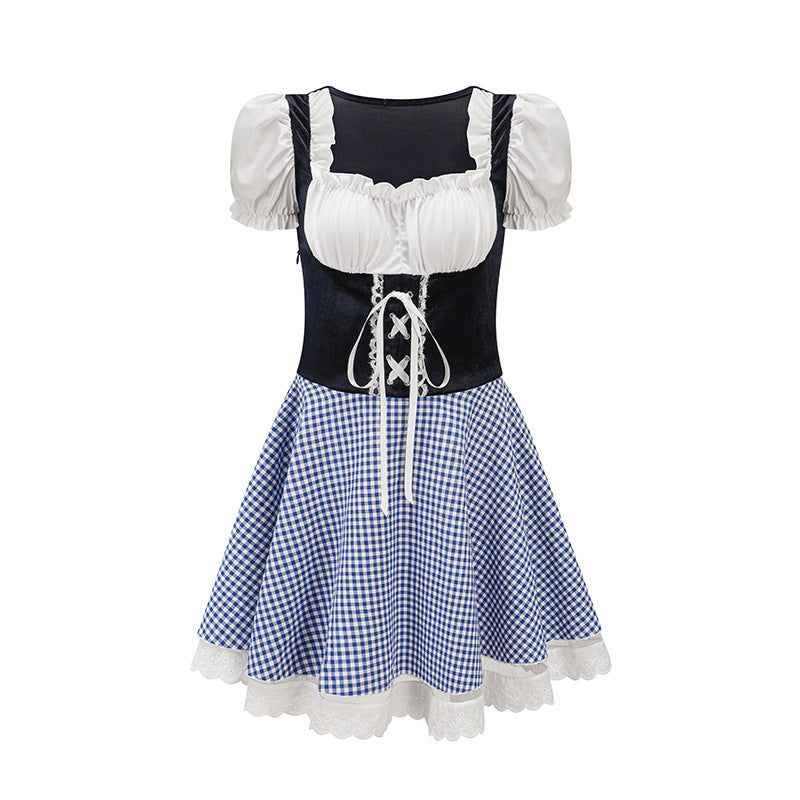 Damen nan bayerisch inspiriertes Mini-Dirndl mit geschnürtem Mieder, Puffärmeln und Vichykaro-Rock EB