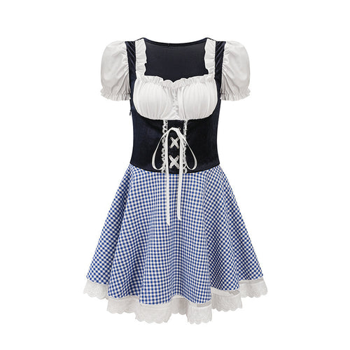 Damen nan bayerisch inspiriertes Mini-Dirndl mit geschnürtem Mieder, Puffärmeln und Vichykaro-Rock EB