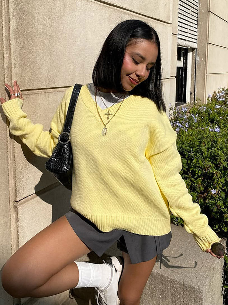Damen Oversized Strickpullover mit V-Ausschnitt und lässigem Schnitt EB
