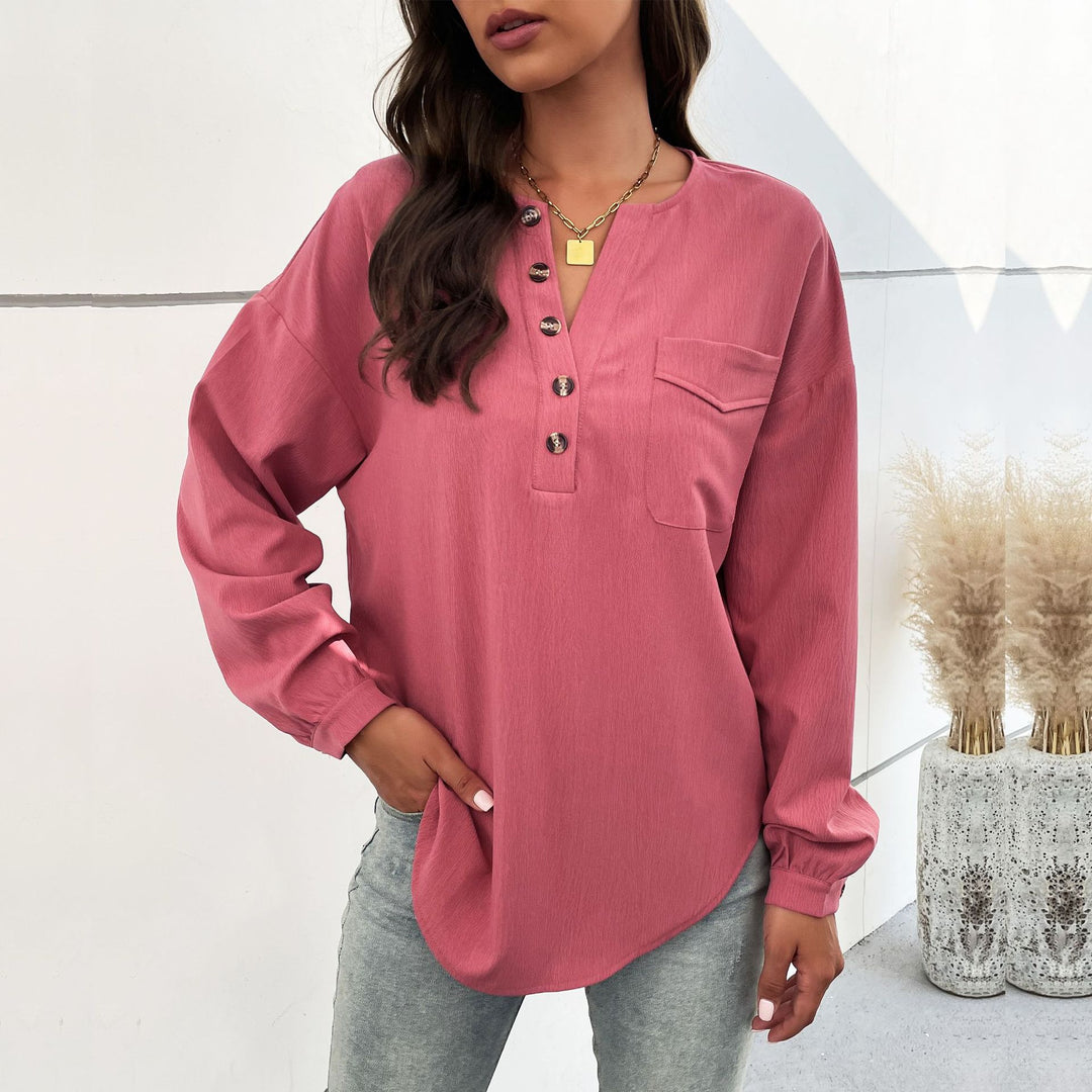 Damen Langärmliges Blusenshirt mit Knopfleiste und Brusttasche EB