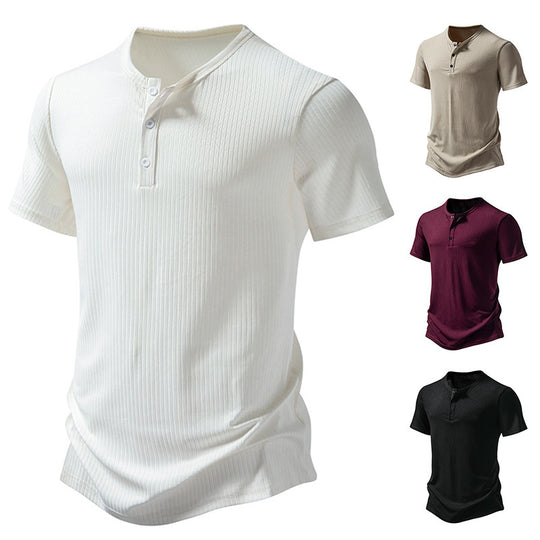 Herren stylisches Kurzarm-Henley-Shirt mit strukturiertem Design und zwei Knopf-Details EB