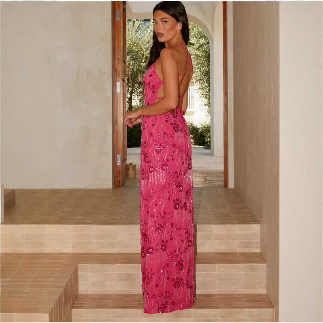 Damen Elegantes Maxikleid mit floralem Perlenstick und feinen Spaghetti-Trägern EB