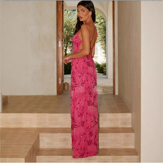 Damen Elegantes Maxikleid mit floralem Perlenstick und feinen Spaghetti-Trägern EB