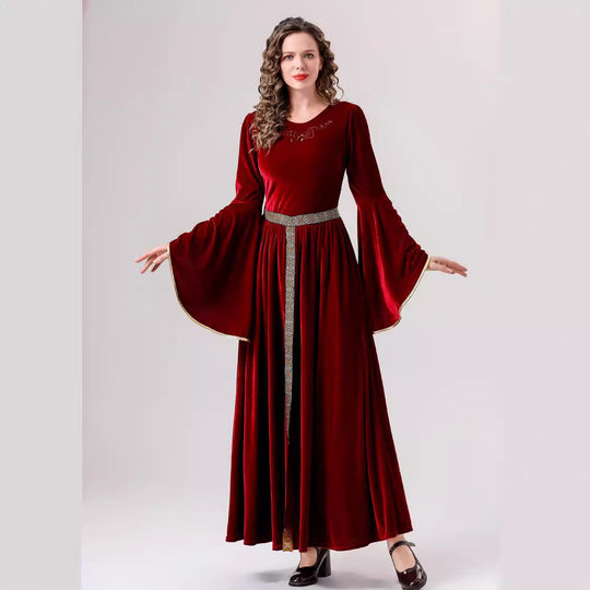 Damen elegantes Samtkleid mit Weitem Ärmel und Ziergürtel EB