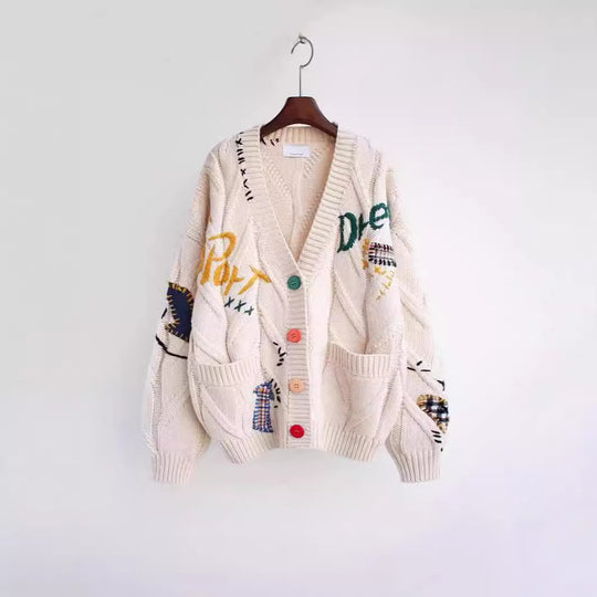 Damen Strickjacke mit buntem Motiv und praktischen Taschen EB