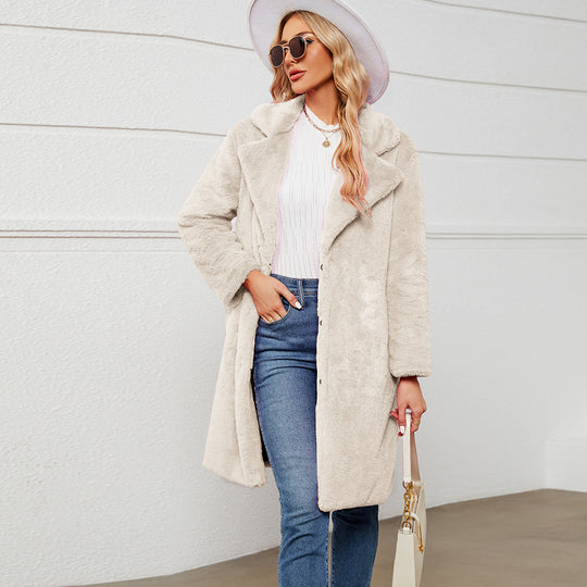 Damen Eleganter Kunstpelzmantel mit tiefem Kragen EB
