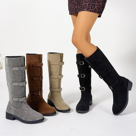Damen Overkneestiefel mit modischen Schnallen und robustem Profilsohle EB